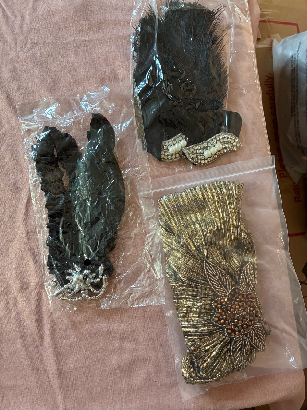 Lot of 4 Elegant Black Feather and Gold Beaded Women’s Headband Set (Costume)